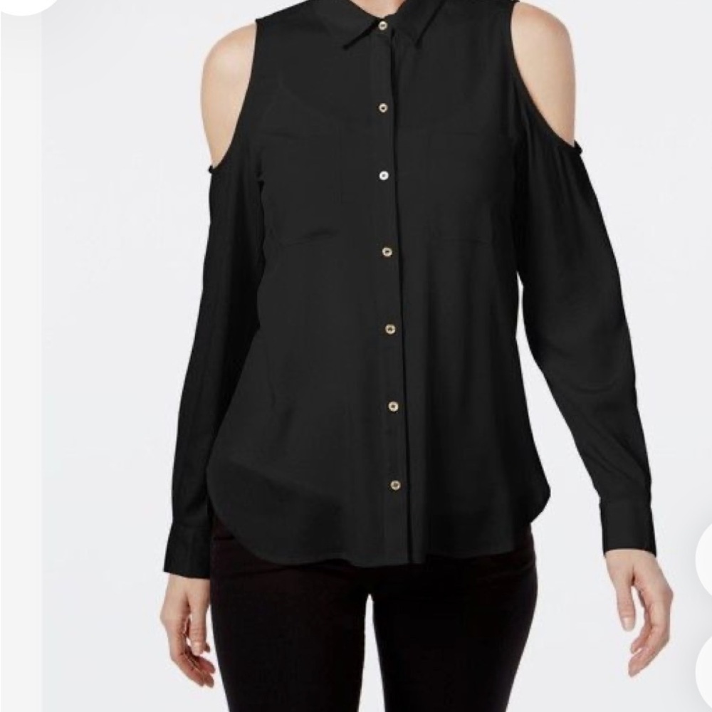 Calvin Klein, cold shoulder, high low, button down black blouse. Size M